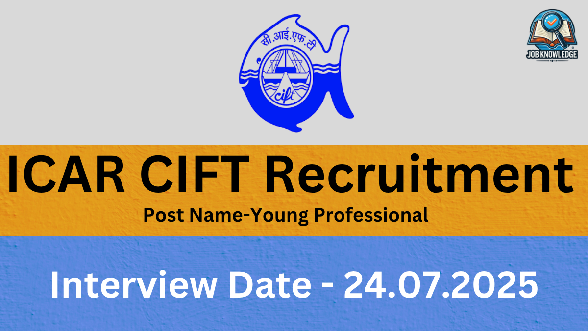 A banner with the ICAR CMFRI logo (a fish symbol) and "Job Knowledge" logo, announcing "ICAR CMFRI Recruitment" for the posts of "Young Professional-II". The last date for application is "26.07.2025". The background is a mix of orange and blue textured surfaces.
