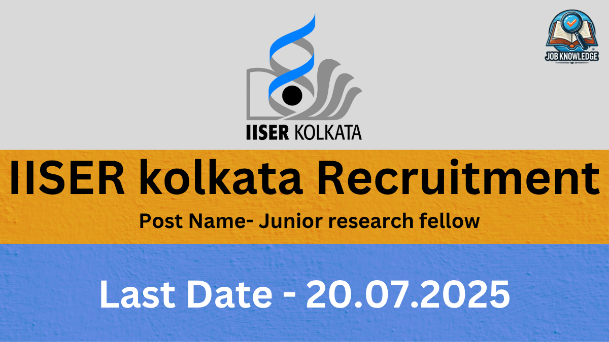 A banner with the IISER Kolkata logo and "Job Knowledge" logo, announcing "IISER Kolkata Recruitment" for the post of "Junior research fellow". The last date for application is "20.07.2025". The background is a mix of orange and blue textured surfaces.