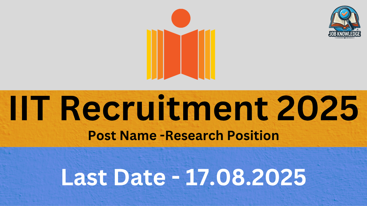 A banner with an abstract logo resembling an open book or two "I"s with a human figure on top, along with the "Job Knowledge" logo. It announces "IIT Recruitment 2025" for a "Research Position". The last date for application is "17.08.2025". The background is a mix of orange and blue textured surfaces.