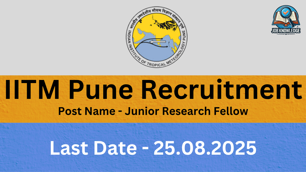 "A recruitment poster for the Indian Institute of Tropical Meteorology (IITM) Pune, announcing openings for the Junior Research Fellow position, with a last date of August 25, 2025."
