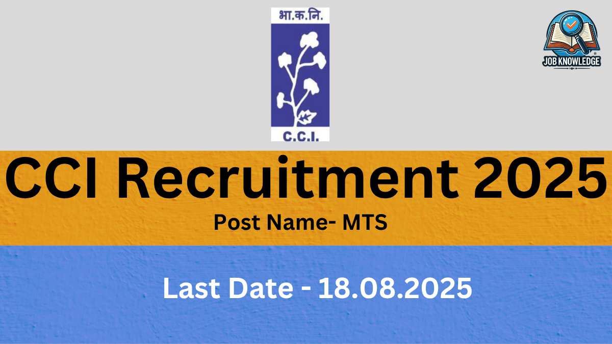 A graphic for CCI Recruitment 2025. The CCI logo, which shows a cotton plant and the initials "भा.क.नि. C.C.I.", is at the top. A prominent yellow banner across the middle of the image reads "CCI Recruitment 2025." Below this, a smaller banner indicates the "Post Name- MTS." The last date for application, "18.08.2025," is displayed at the bottom on a blue textured background. A small "Job Knowledge" logo with an open book icon is in the top right corner.