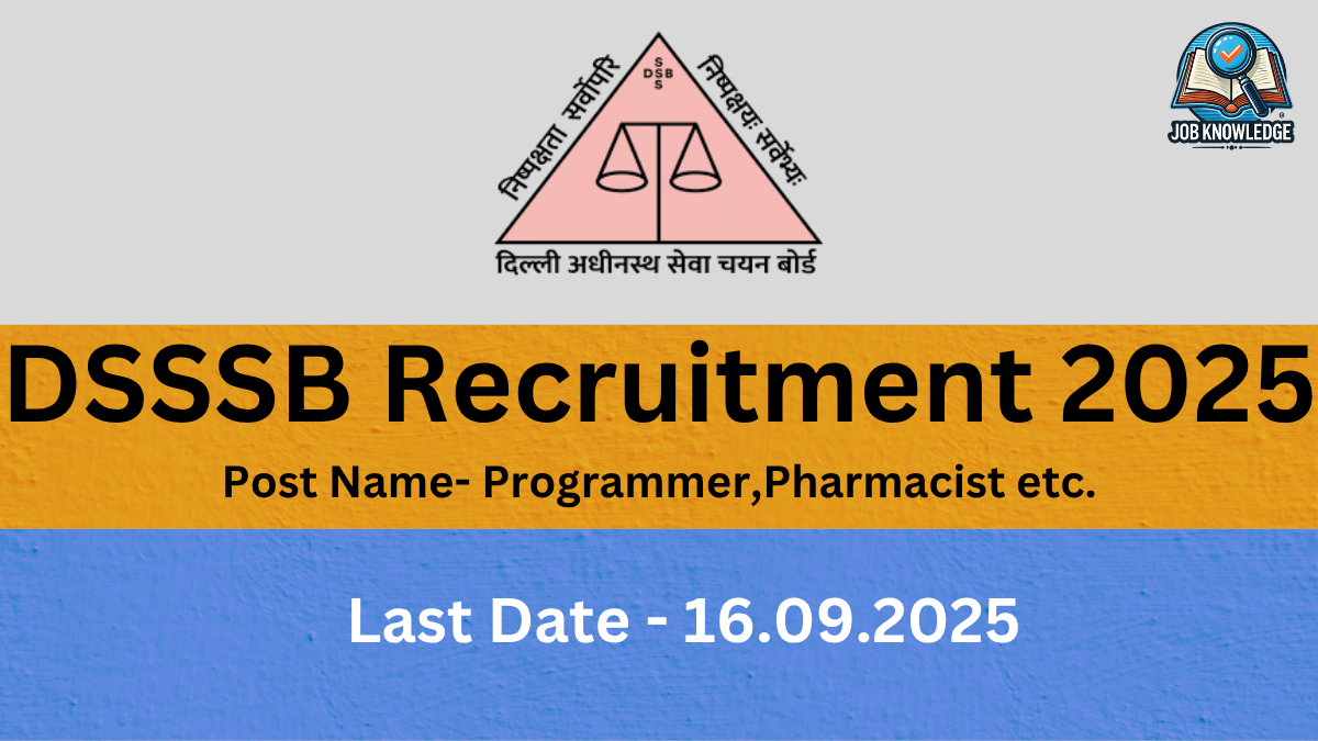 A graphic for "DSSSB Recruitment 2025" with the logo of the Delhi Subordinate Services Selection Board, listing "Programmer, Pharmacist etc." as post names and "16.09.2025" as the last date.