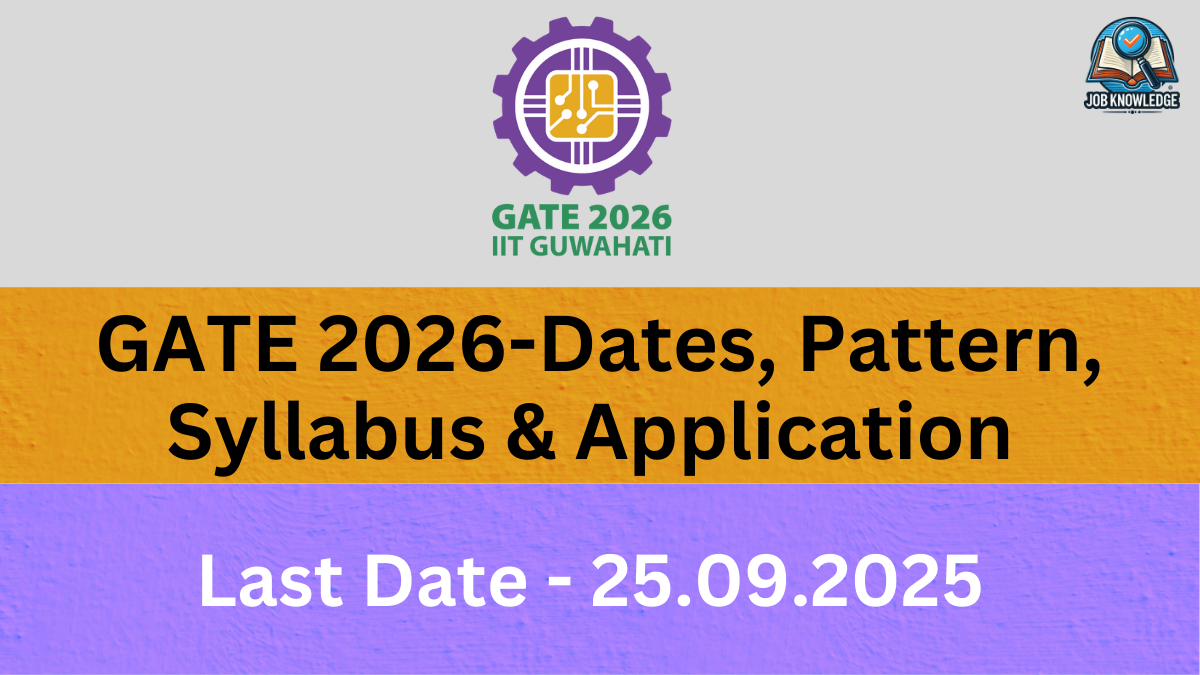 A promotional image for GATE (Graduate Aptitude Test in Engineering) 2026. The background is divided into three horizontal sections: a light gray top, a yellow-orange middle, and a purple textured bottom. At the top, the GATE 2026 logo, representing IIT Guwahati, is displayed in a gear-like symbol with circuits, along with the "Job Knowledge" logo. The center section has large, black text that reads "GATE 2026-Dates, Pattern, Syllabus & Application". The bottom section, in purple, displays the last date for application in white text: "Last Date - 25.09.2025".