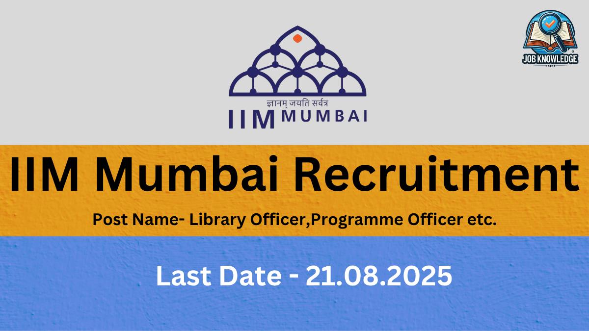 A banner for "IIM Mumbai Recruitment" with the post names "Library Officer, Programme Officer etc." and a last date of "21.08.2025". The banner features the IIM Mumbai logo and a "Job Knowledge" logo. The background is a mix of yellow-orange and blue.