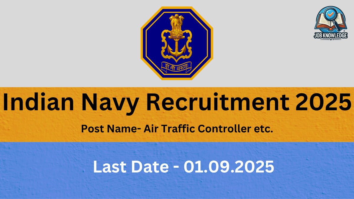 A graphic for "Indian Navy Recruitment 2025" with the official emblem of the Indian Navy. It lists "Air Traffic Controller etc." as the post name and "01.09.2025" as the last date.