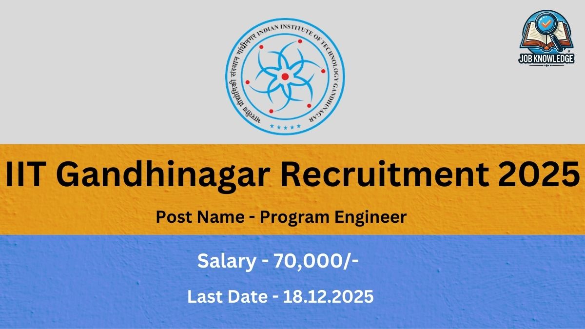 IIT Gandhinagar Recruitment 2025 poster for the post of Program Engineer. The advertised Salary is 70,000/- and the Last Date for application is 18.12.2025. The image features the logo of the Indian Institute of Technology Gandhinagar.