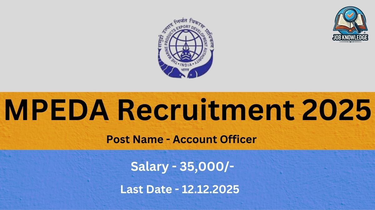 A recruitment advertisement poster for the Marine Products Export Development Authority (MPEDA), featuring the official logo. The poster announces "MPEDA Recruitment 2025" for the Post Name "Account Officer," listing the Salary as "35,000/-" and the Last Date as "12.12.2025."
