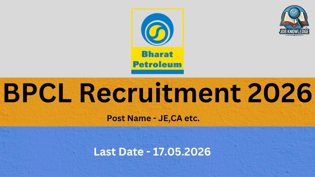 This recruitment notice is from BPCL (Bharat Petroleum Corporation Limited) for the year 2026. The advertised position is for Junior Executive. Interested candidates should take note that the last date to submit applications for this role is 28.02.2026. Visually, the graphic features the official Bharat Petroleum logo (a stylized yellow and blue circular flame) at the top center and the Job Knowledge branding in the upper right corner. The layout consists of the main text over a background divided into horizontal bands of grey, orange, and blue.