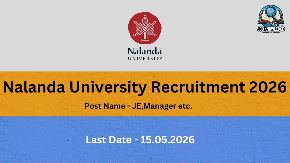 A recruitment notification graphic for Nalanda University. The image is divided into three horizontal colored sections: Top (Light Gray): Features the official Nalanda University logo in the center and a "Job Knowledge" logo in the top right corner. Middle (Orange/Yellow): Displays the main heading "Nalanda University Recruitment 2026" in large, bold black text. Below the heading, it specifies the "Post Name - JE, Manager etc." Bottom (Blue): Shows the application deadline as "Last Date - 15.05.2026" in white text.